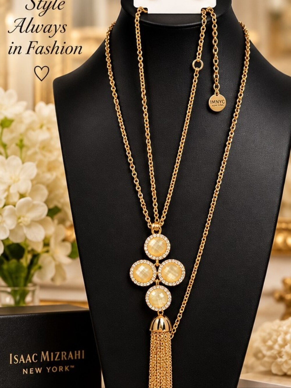 Isaac Mizrahi Gold Tone Crystal Tassel Long Necklace Earrings Set NWT